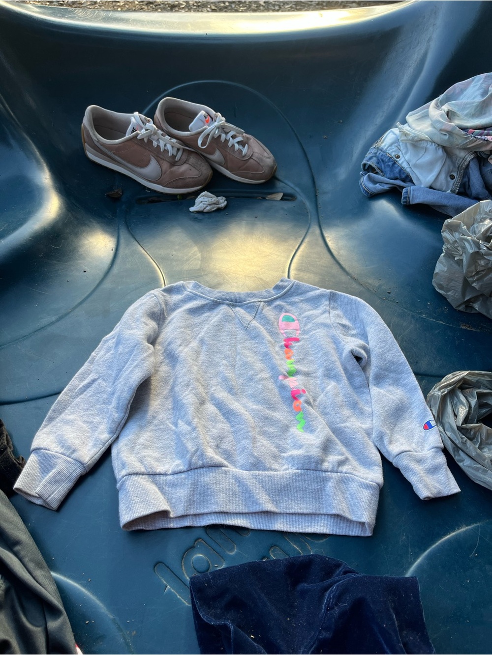 Champion Light Gray Crewneck with Neon Vertical Logo